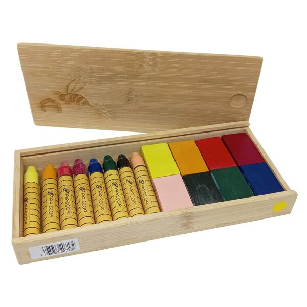 Bastón y Bloques de Cera de Abeja en Caja de Bambú 8 x 8 – colores surtidas - material Waldorf en A Casa de Maria Vigo